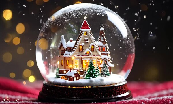 A glass snow globe with a house and trees inside