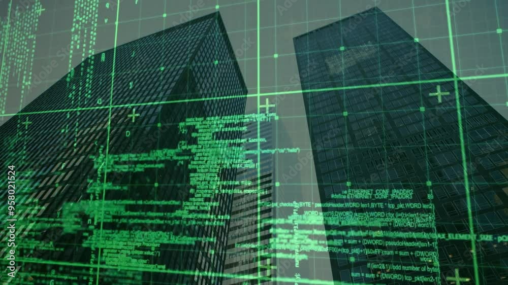 Poster green coding and data processing animation over skyscrapers in urban cityscape