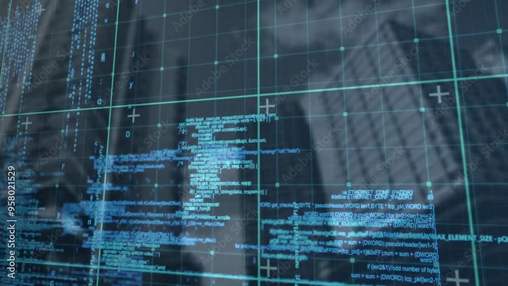 Poster digital code and data processing animation over cityscape with skyscrapers