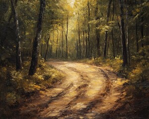 Oil painting depicting a dirt road through a forested area showcasing the natural landscape and muddy terrain