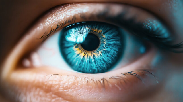 Extreme close-up of a blue eye with detailed iris patterns, visible eyelashes, and part of the eyelid.