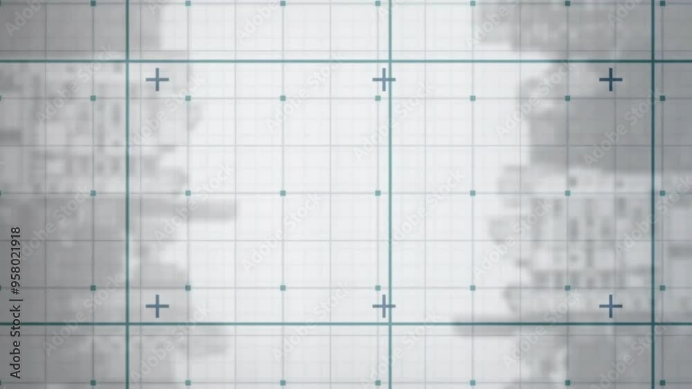 Poster grid lines and measurement points animation over blurred architectural structures