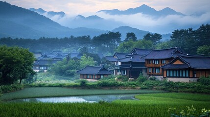 Obraz premium 5. A picturesque Korean countryside scene with rice paddies reflecting the sky, traditional hanok homes with curved tiled roofs, and distant mountains shrouded in mist
