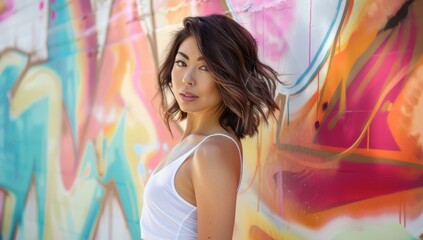 Fototapeta premium Urban street young woman with captivating eyes and windswept hair poses against a vibrant graffiti wall, her natural beauty radiating amidst the urban standing in front of a colorful, abstract mural