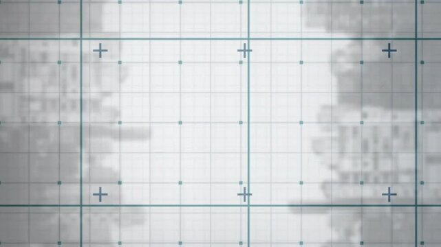 Grid lines and measurement points animation over blurred architectural structures