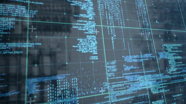 Computer code and data processing animation over transparent screen