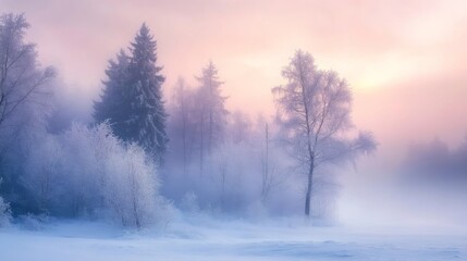 Wintry forest blanketed in ice crystals at dawn's misty glow.
