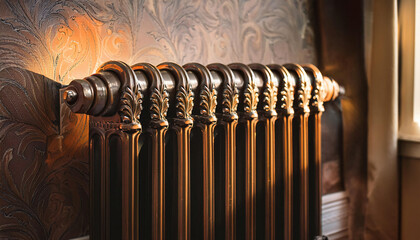 Close-up of a traditional cast iron radiator with intricate designs, set against a classic home interior. 