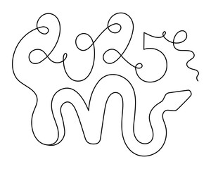 2025 year of snake one line art, hand drawn continuous contour.Holiday concept,festive New year chinese astrological horoscope, poisonous reptile serpent outline.Editable stroke.Isolated.Vector