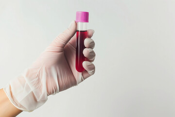 Female hand in white latex glove holding test tube with red liquid on white background. Generated AI