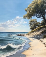 Oil painting depicting a serene beach scene with gentle waves and clear skies capturing the essence of a tranquil coastal environment