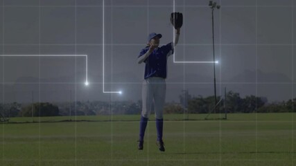 Baseball player catching ball with network connections animation over field - Powered by Adobe