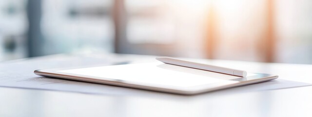  A tablet computer rests on a white table, adjacent to a pen and notepad