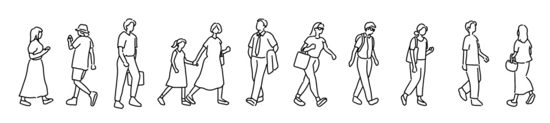 女性や男性、子供等、人々の線画 ベクターイラスト