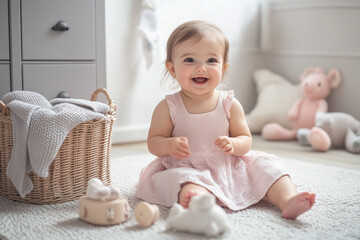 Happy little girl in a pink dress is sitting on the floor, playing with toys and smiling looking at the camera