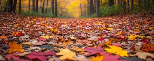 A vibrant autumn spectacle on the forest floor: Heights Fall trail covered in a carpet of colorful fallen leaves