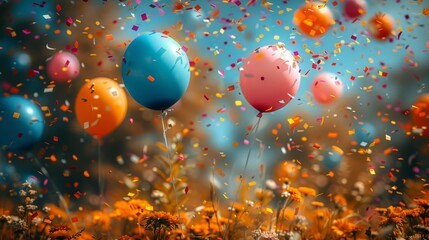 Fototapeta premium Colorful balloons float above a field of flowers as confetti showers down during an outdoor celebration on a sunny day