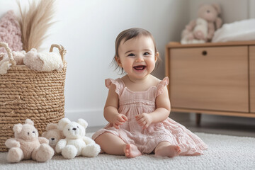 Happy little girl in a pink dress is sitting on the floor, playing with toys and smiling looking at the camera