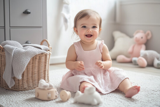 Happy little girl in a pink dress is sitting on the floor, playing with toys and smiling looking at the camera