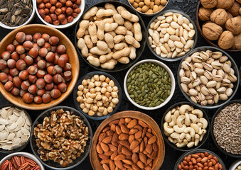 Mixed assorted raw healthy nuts and seeds in various bowls on black kitchen background.Peanut,hazelnut,walnut,almonds,pistachio,sunflower,pumpkin,chia and cashew.Top view.