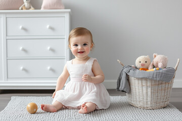 Happy little girl in a pink dress is sitting on the floor, playing with toys and smiling looking at the camera