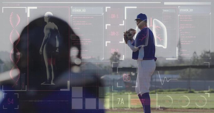 Baseball player pitching over sports performance analysis animation - Powered by Adobe