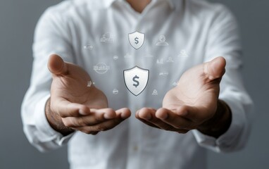A person in a white shirt holds icons suggesting monetary security, insurance, and financial services, conveying the notion of safeguarding wealth.