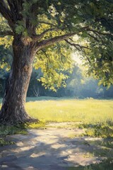 Obraz premium Oil painting depicting a serene scene of shade beneath a tree providing relief from the harsh sunlight