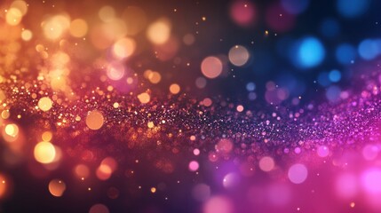 Abstract glitter background. A vibrant blend of multi-colored bokeh effects. Celebration and glamour concept. Template for festival invitation, greeting card, beauty advertising.