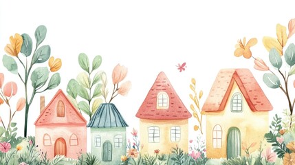 Obraz premium Charming Watercolor Homes Surrounded by Floral Beauty and Vibrant Nature