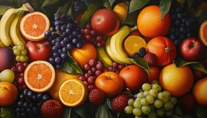 Oil painting depicting a variety of fresh ripe organic fruits including apples oranges grapefruits bananas grapes and berries showcasing vibrant colors and natural beauty
