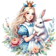 Alice Holding a White Rabbit, watercolor clipart illustration with isolated background