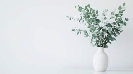 Fresh eucalyptus branches in a simple white vase on a minimalist table against a light background