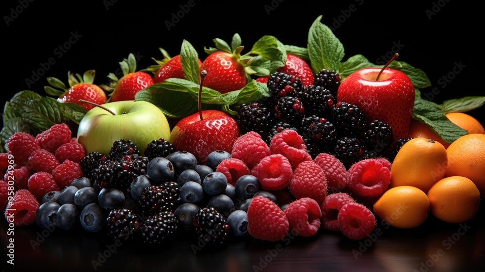 Canvas Prints fresh fruits, vegetables and berries. on a black background. banner top view. free space for your te