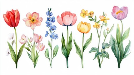 Fototapeta premium Stunning Watercolor Floral Illustration Showcasing a Vibrant Collection of Seasonal Flowers and Unique Varieties