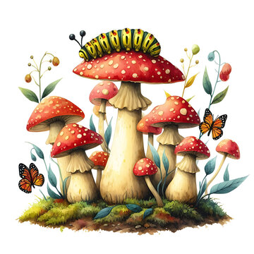red spotted mushrooms with caterpillar and butterflies clip art preview