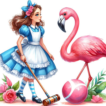 recommend clip art: Alice with Flamingo Croquet Mallet, watercolor clipart illustration with isolated background