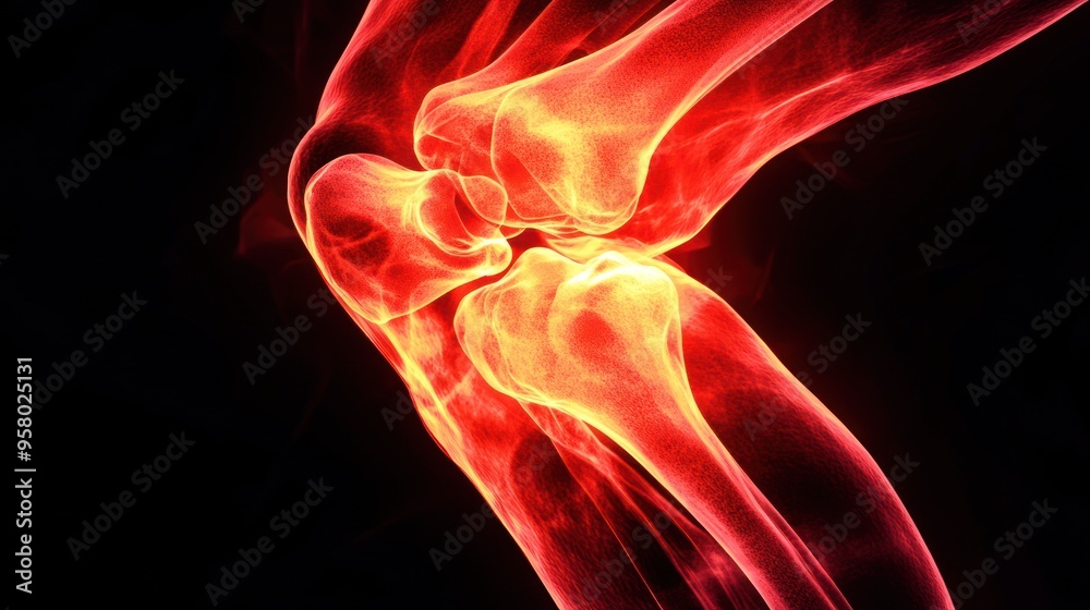 Poster An abstract depiction of a human knee joint glowing with a fiery red light, symbolizing pain and inflammation.