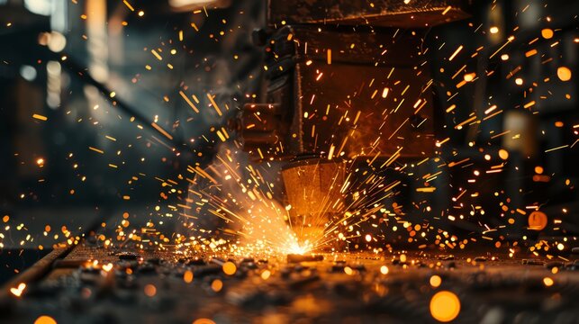 Close-up of welding sparks in a dark, industrial workshop, gritty textures on metal surfaces, rustic tools and equipment in the background