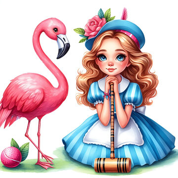 recommend clip art: Alice with Flamingo Croquet Mallet, watercolor clipart illustration with isolated background