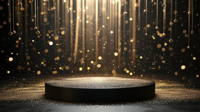 Black podium product stage with spotlight and golden glitter background.