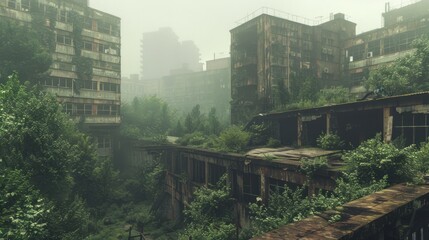 Fototapeta premium Construction site, dystopian, abandoned, overgrown, steel and concrete