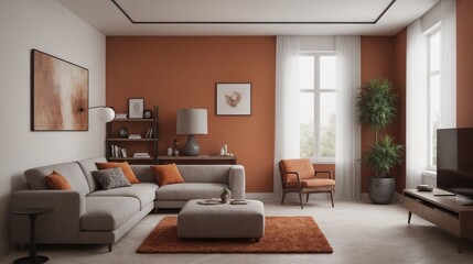 Fototapeta premium Scandinavian orange wall living room interior of modern apartment with sofa and accessories.