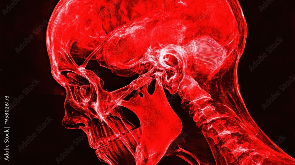 Poster Red silhouette of a human skull with a spine against a black background.