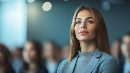 Professional female coach at a business seminar in a modern convention center, making eye contact with the camera, representing confidence and leadership. photo