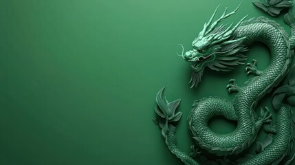 Chinese green wood dragon symbol of happy new year 2024 on green background with space for text