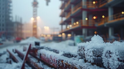 Fototapeta premium Construction site in snow, steel and concrete covered in frost