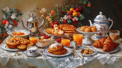 Naklejka premium Oil painting depicting a festive breakfast table filled with traditional dishes like pancakes waffles eggs croissants pastries cookies orange juice coffee and rice porridge