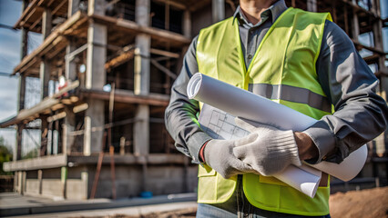 Fototapeta premium Close-up focus on hand of a Person in safety suit, He held Blueprint at his side on The background is blurred of building under construction