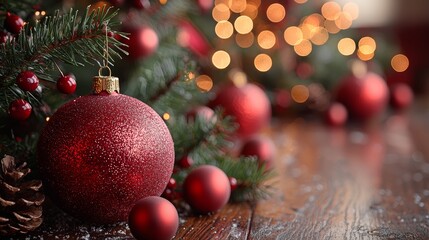 Beautifully decorated Christmas tree with red ornaments and warm bokeh lights arranged on a wooden table during the holiday season